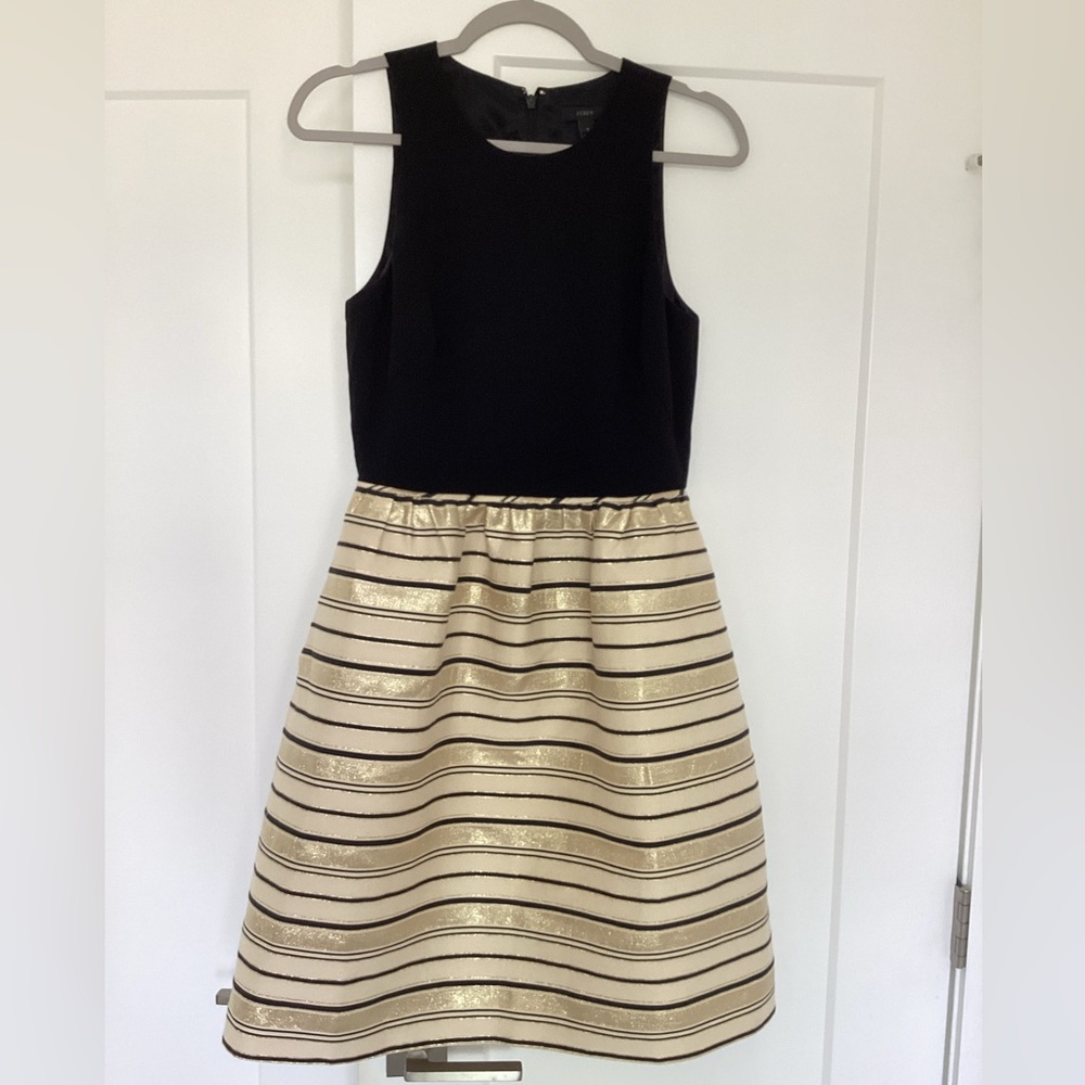 J Crew Sleeveless Evening Dress Size 4 Black Bodice, gold/black striped skirt